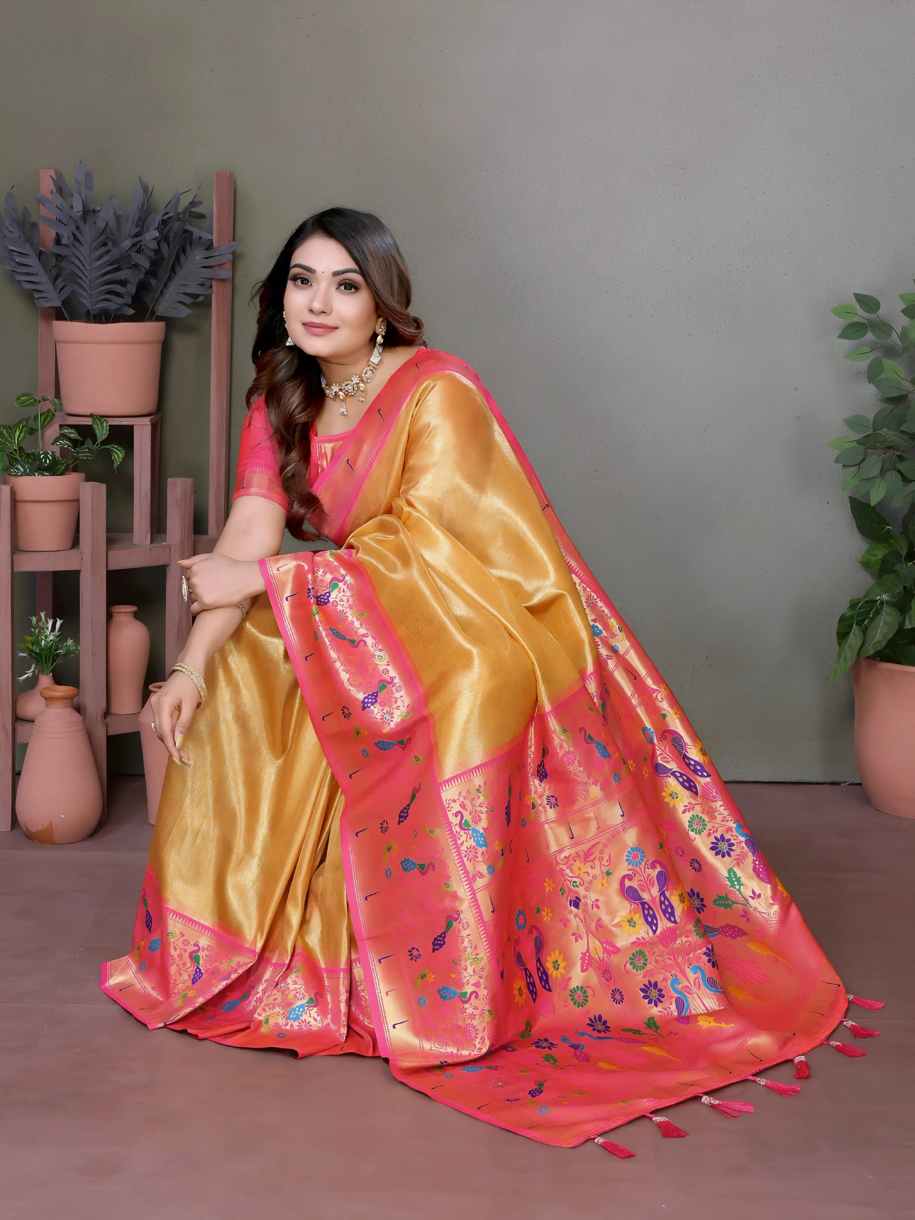 Mustard Yellow Paithani Woven Banarasi Tissue Silk Saree